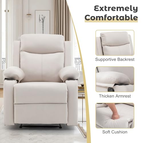 Korser Recliner Chair for Adults, Small Recliners for Small Spaces, Nursery Recliner with Adjustable Backrest, Manual Recliner with Cup Holders and Side Pockets, Chair for Living Room,Bedroom, Beige