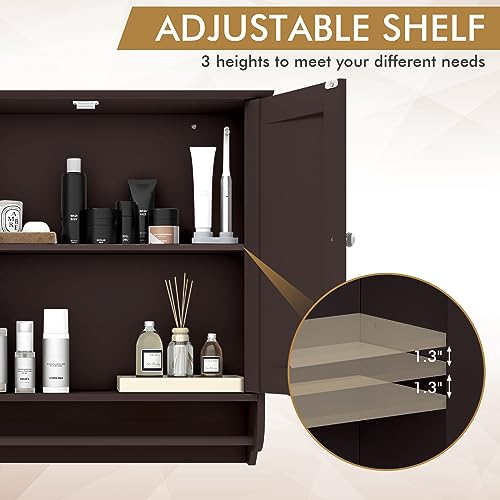 Tangkula Bathroom Cabinet Wall Mounted, Bathroom Medicine Cabinet with Bar&Double Door&Adjustable Shelf, Over The Toilet Storage Cabinet, Hanging Cabinet for Bathroom Laundry Kitchen (Brown) Tangkula
