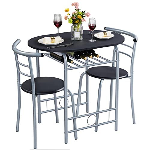 Yaheetech 3-Piece Dining Room Table Set, Kitchen Table & Chair Sets for 2, Compact Table Set w/Steel Legs, Built-in Wine Rack for Breakfast Nook, Small Space, Apartment, Black, 31.5x21x29" (LxWxH) Yaheetech