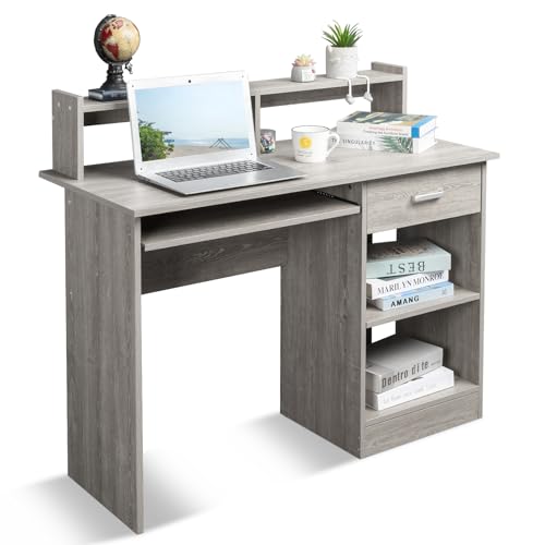 Karl home Computer Desk Study Writing Desk, Wooden Home Office Workstation PC Laptop Table with Drawer Shelf Keyboard Tray, Grey Karl home