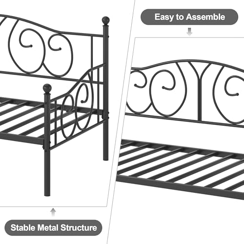 VECELO Metal Daybed Frame Multifunctional Platform Bed Sofa Mattress Foundation with Classic Headboard, Twin, Black VECELO