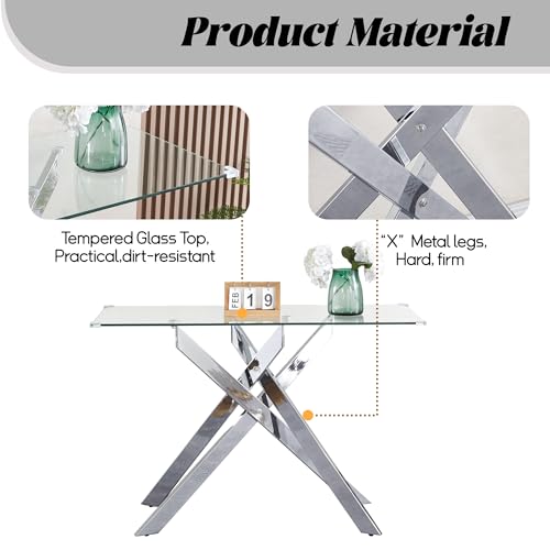 ModaWhly Glass Console Table, Narrow Entryway Table with Tempered Glass Top and Silver Metal Legs, Modern Sofa Table for Hallway, Foyer, Living Room, Office ModaWhly