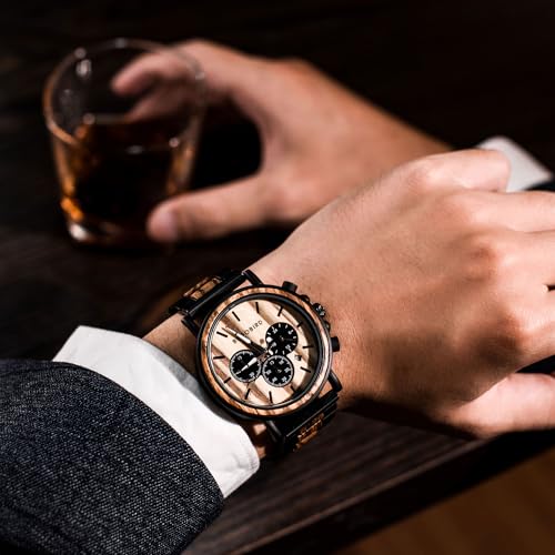 BOBO BIRD Wooden Mens Watches Large Size Stylish Wood & Stainless Steel Combined Chronograph Military Quartz Watch (Balck Wood Band) BOBO BIRD
