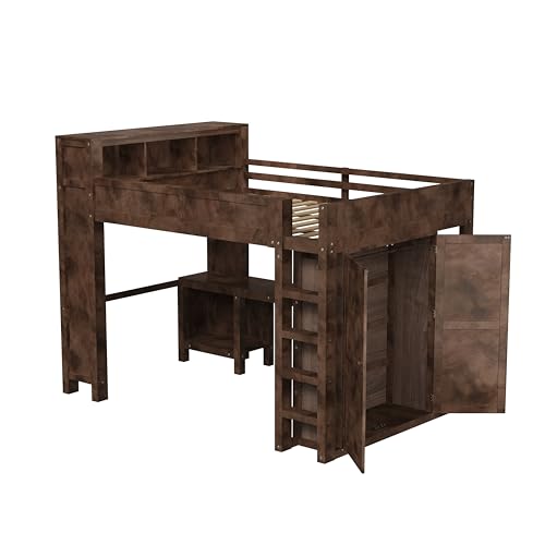 Queen Size Wooden Loft Bed with Wardrobe,Stairs and Desk,Bookcase Headboard with Storage Cabinet and USB Charging Station,for Kids Teens Adults Bedroom,No Box Spring Needed,Brown Harper & Bright Designs