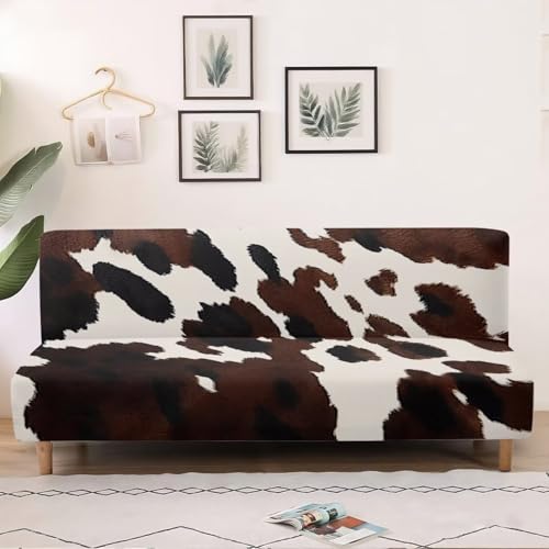 GLENLCWE Cow Print Futon Cover Brown Stretch Armless Sofa Cover with Elastic Bottom Fitted Sofa Bed Slipcovers for Living Room Anti Slip RV Couch Protector Couch Slipcover GLENLCWE