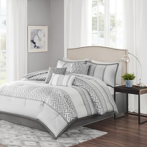 Madison Park Luxury Comforter Set-Traditional Jacquard Design All Season Down Alternative Bedding, Matching Bedskirt, Decorative Pillows, King(104"x92"), Bennett, Geometric Grey, 7 Piece Madison Park
