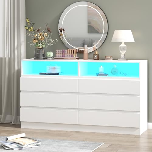 Gyfimoie 6 Drawer Double Dresser with Power Outlet, Accent Chests of Drawers with LED Light, Modern White Storage Dresser with Charging Station (Mirror Not Included) Gyfimoie
