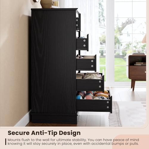 GarveeHome 5 Drawer Dressers for Bedroom, Chest of Drawers with Deep Drawers, Large Double Dresser for Closet with Wide Top, Tall Wooden Dresser for Living Room, Hallway, Kids Room, Black GarveeHome