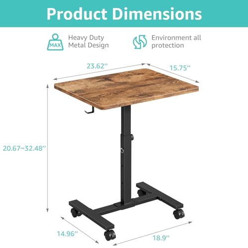 Small Portable Standing Rolling Desk - 24 Inch Mobile Stand Up Desk Adjustable Height on Wheels for Small Spaces, Couch Kids Laptop Desks End Side Table, Teacher Podium for Classroom, Rustic Brown WINAZ
