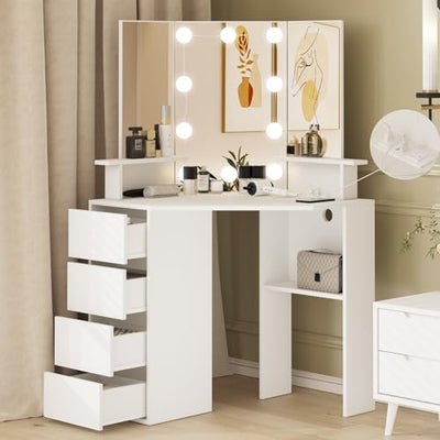 Fameill Corner Vanity Desk with Mirror and Lights, Makeup Vanity Table with Charging Station, Corner Vanity with 4 Drawers and Shelves, 3 Lighting Modes, Brightness Adjustable, for Women Girls