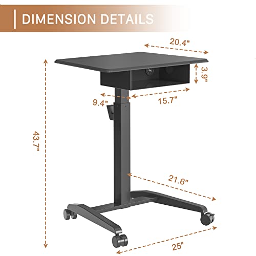 JOY worker Height Adjustable Rolling Laptop Desk with Shelf,Mobile Standing Desk,Pneumatic Mobile Laptop Table with Wheels for Couch Home Office School,Holds Up to 22lbs,Black JOY worker