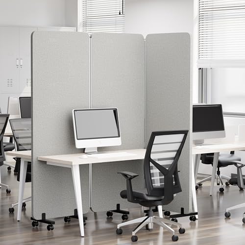 KERRAM 3 Panel Foldable Office Partitions, Mobile Cubicle Wall with Wheels, 71 x 66 Inch Noise Cancelling & Sound Proof Room Dividers Partition Wall, Aluminum Frame Gray KERRAM