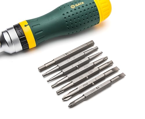 SATA 19-in-1 Multipurpose Ratcheting Screwdriver Set with 8 Double-Sided Bits and a Green and Yellow Oil-Resistant Handle - ST09350, 10 Piece SATA