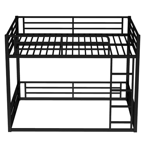 Full Over Full Bunk Bed Frame with Noise Reduced Design, Heavy Buty Floor Bunk Bed with Build in Ladder for Kids, Teens, No Box Spring Needed, Not Include Mattress Bellemave