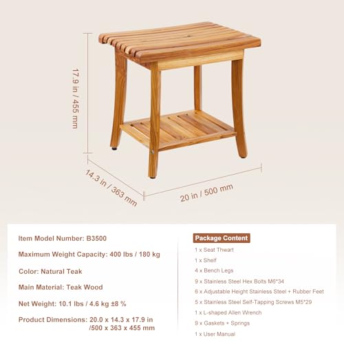 VEVOR Teak Shower Bench, 20in Waterproof Wood Shower Stool with Storage Shelf Non-Slip Foot Pads, 400 lbs Load Capacity Shower Chair Seat, for Bathroom Indoor and Outdoor Use VEVOR