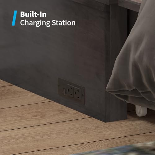 Mjkone 63.5" W Murphy Bed Cabinet, Queen Cabinet Wall Beds with USB Charging Station & Tri-Folding Mattress, Guest Cabinets Beds with Storage Drawers for Bedroom Apartment Home Office, Dark Grey Mjkone