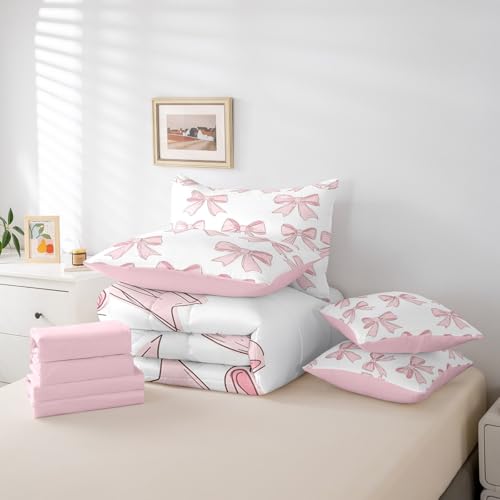 Feelyou Bowknot Comforter Set with Sheets Cute Pink Bow 7 Piece Bedding Set Queen Size for Kids Boys Girls Romantic Princess Style Bed in a Bag Soft Light Pink White Bedding Comforters Feelyou