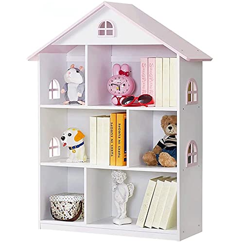 WODENY Pink Wooden Dollhouse Bookcase - 3-Tier Storage Organizer for Kids' Toys and Books WODENY