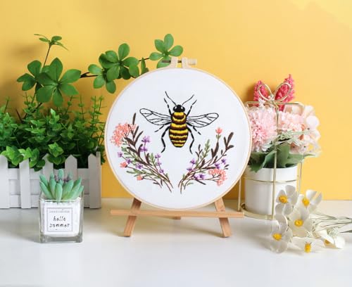 3 Pack Embroidery Kit for Beginner Adults, Cross Stitch Set with Bees Flowers, Includes Clear Instructions, Embroidery Hoop, Stamped Patterns, Colorful Threads, Tools.Hand Craft Lover Gifts