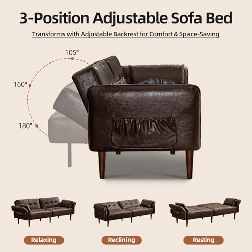 HALLYBEE 85” Futon Sofa Bed, Sleeper Sofa, Small Couch with Storage Adjustable Armrests Pillows, Faux Leather Loveseat, Mid Century Modern Couches for Living Room, Bedroom, Apartment, Coffee Brown HALLYBEE