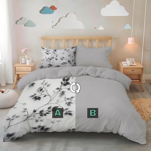 WIVCOMD Twin Duvet Cover Set - Leaves and Vines Soft Microfibre Bedding - Minimalist Ink Painting Bedding Quilt Cover Set with Pillow Cases, Black WIVCOMD