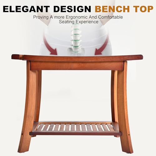 Jekruiet Teak Shower Chair Stool, 24 Inch Shower Bench Seat, Wooden Bathroom Bench with Storage Shelf for Adults, Elderly, Disabled Indoor & Outdoor Use Jekruiet