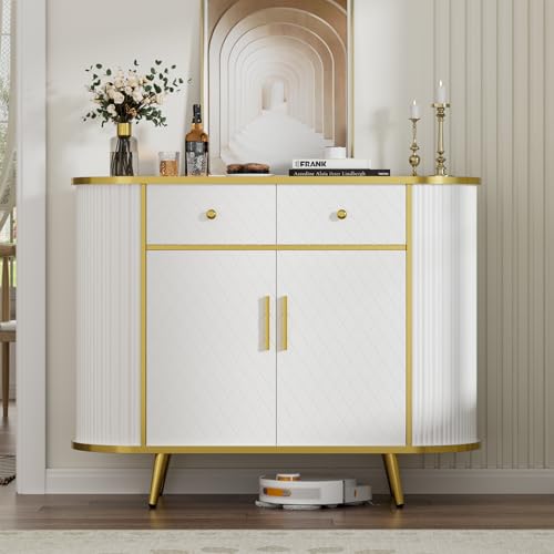 LUMIINOFAMI Sideboard Buffet Cabinet with Storage, 43.3'' Modern Coffee Bar Entryway Cabinet with Drawers, Console Table with Storage Gold Sealed Edge Luxury Style for Living Room, Hallway (White) LUMIINOFAMI
