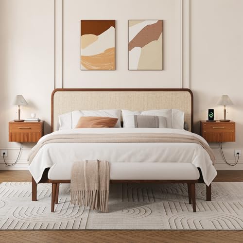 JOINICE Floating Nightstand Set of 2, Mid Century Modern Wall Mounted Bedside Table with Charging Station, Fluted End Table with Storage Drawers for Bedroom, Home Small Space, Cherry, 2 PCS JOINICE