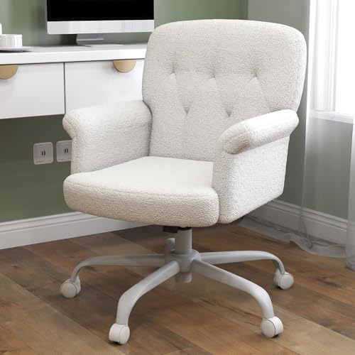Keratee Comfy Home Office Desk Chair, Upholstered Fuzzy Vanity Chair with Wheels and Arms, Modern Adjustable Swivel Computer Seat for Living Room, Bedroom, Make Up, Home Office, White Keratee