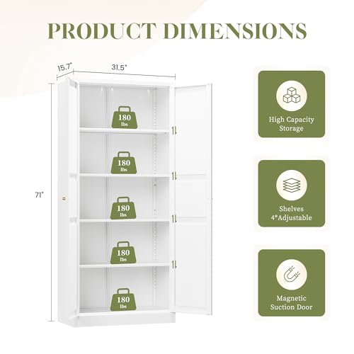RAVIGIN Metal Storage Cabinet,71" H Pantry Cabinet with 2 Doors and 5 Adjustable Shelves,6 Tier Tall Kitchen Storage Cabinets for Kitchen,Pantry,Living/Study/Laundry Room(White) RAVIGIN