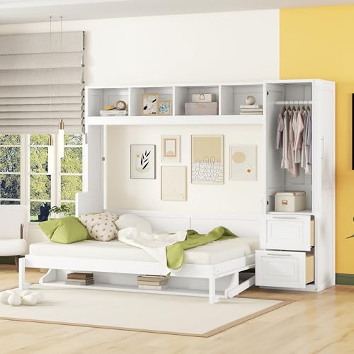 Merax Queen Size Murphy Bed, Modern Wall Bed with Storage Cabinets & Drawers, Space-Saving Foldable for Bedroom Guest Room Home Office Small Apartment, White Merax