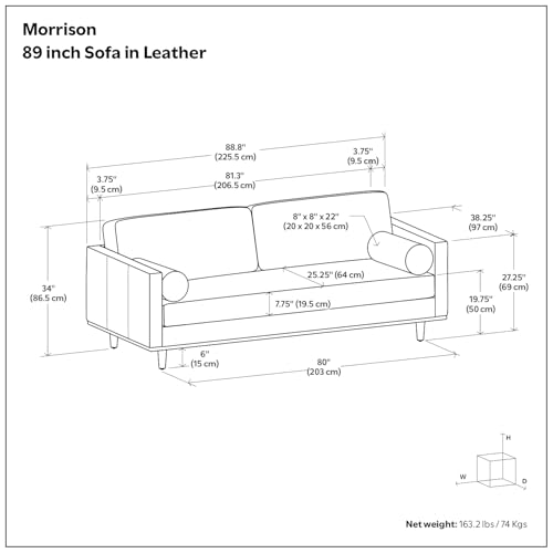 SIMPLIHOME Morrison 89-inch Wide Sofa in Moss Green Genuine Leather, Mid-Century Modern Design Couch for Living Room, Single Bench Cushion, 2 Back Cushions, 2 Bolster Pillows SIMPLIHOME