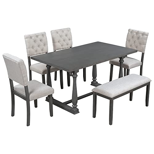 Merax 6 Piece Kitchen Dining Table Set, Wooden Rectangular Dining Table with Upholstered Bench and 4 Chairs, Dining Room Table Set for 6 People, Living Room Furniture (Gray, Beige Cushions) Merax