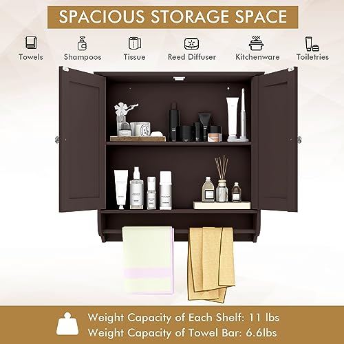 Tangkula Bathroom Cabinet Wall Mounted, Bathroom Medicine Cabinet with Bar&Double Door&Adjustable Shelf, Over The Toilet Storage Cabinet, Hanging Cabinet for Bathroom Laundry Kitchen (Brown) Tangkula