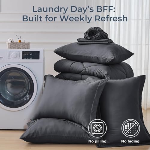 HEVUMYI King Comforter Set - 7-Piece All Season Bed in a Bag King, Ultra Soft Bedding Set with Comforter, Flat Sheet, Fitted Sheet, Pillowcases, Pillow Shams, Dark Grey HEVUMYI