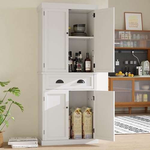 Furniwell 72" Kitchen Storage Cabinet with Drawer, Tall Kitchen Pantry Cabinet with Doors and 3 Adjustable Shelves, Freestanding Cupboard for Kitchen, Dining Room, Living Room (White) Furniwell