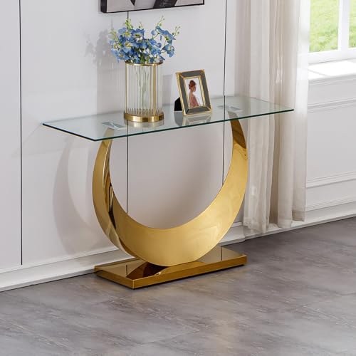 Modern Glass Entryway Console Table with Moon Shape Stainless Steel Pedestal Base, Long Narrow Sofa Table Behind Couch Hallway Table for Entryway, Living Room, Foyer, Entrance Gold TehRecBT