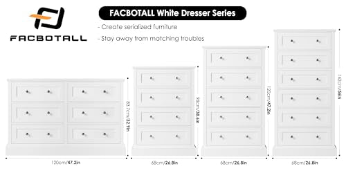 FACBOTALL 5 Drawer Dresser, 47.2" Tall White Dresser with 5 Drawers, Chest of Drawers Cabinet Wood Dresser for Hallway Living Room FACBOTALL