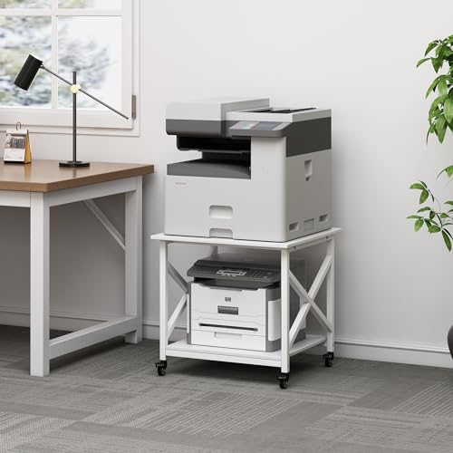 Fannova 23.6 x 23.6 Inches Large Printer Stand, 2 Tier Square Printer Table with Storage Shelf for Home Office, Multi-use Rolling Cart with Wheels for Laser Printer, 3D Printer and Mini Fridge - White Fannova