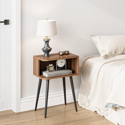 Nightstand Set of 2, Small Bed Side Table for Small Spaces, Mid Century Modern Nightstand End Table with Open Storage, Side Table for Bedroom Living Room, Walnut Brown MLBZ20R-2 MMEOLUOOK