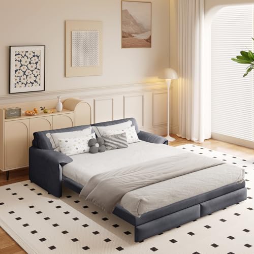 CAPCAEK 66'' Queen Pull Out Sofa Bed, 3 in 1 Convertible Sleeper Couch, Velvet Loveseat Futon Lounge Recliner with Thicked Cushions and Side Storage for Living Room, Apartment, Small Space CAPCAEK