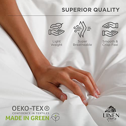 Linen Home 100% Cotton Percale Sheets Queen Size, White, Deep Pocket, 4 Pieces Set - 1 Flat, 1 Deep Pocket Fitted Sheet and 2 Pillowcases, Crisp Cool and Strong Bed Linen Linen Home