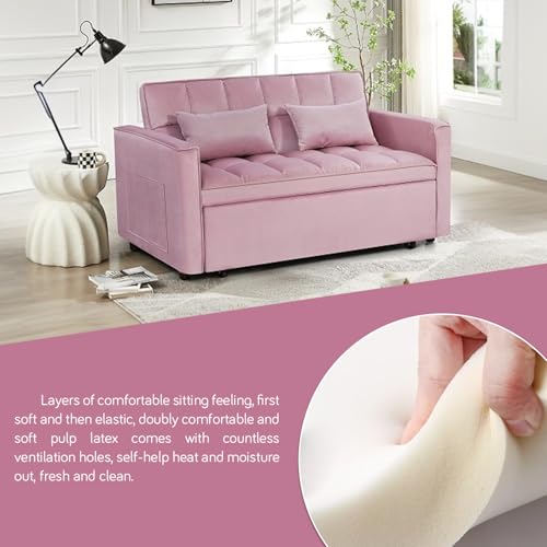 3 In 1 Velvet Convertible Sofa Bed, Pull Out Couch Bed with Reclining Backrest And 2 Pillows, 54" Full Size Loveseat Sleeper Sofa Futon Couch Bed, Couches For Small Spaces, Living Room (Pink) anwickjeff