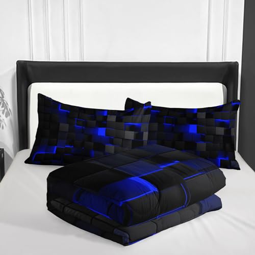 Nttopship Geometric Blue Black Comforter Set,Light Honeycomb 3 Piece Bedding Set King Size for Teen Boys,Modern Quilt Set Geometry Decor,Microfiber Lightweight 1 Comforter 2 Pillowcases All Season Nttopship