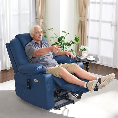 MCombo Electric Power Lift Recliner Chair Sofa with Massage and Heat for Elderly, 3 Positions, 2 Side Pockets, and Cup Holders, USB Ports, Faux Leather 7040 (Blue, Medium) MCombo