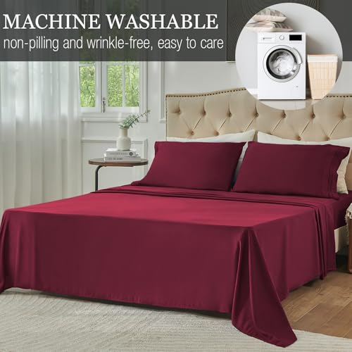 Yibeizi Twin Sheets Set, Red Cooling Hypoallergenic Microfiber Single Bed Sheets, Soft Oeko-Tex Extra Deep Pocket Sheets & Pillowcases Wrinkle Free Bedsheets Yibeizi