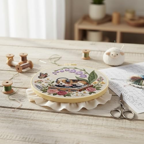 Needlework Embroidery Kit for Beginners,Dog and Record Player Pattern Handmade Cross Stitch Sewing Craft Kit,7.87 inch Hoop,Floss & Needles for Craft Lover Gifts 29 * 29cm