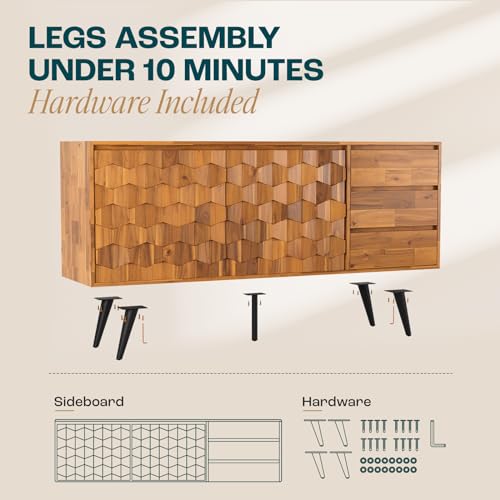 Bme Sideboard Georgina Solid Wood 2 Doors & 3 Drawers, 61'' Mid Century Modern Cabinet with Geometric Pattern for Kitchen, Dining, Living Room, Teak Bme