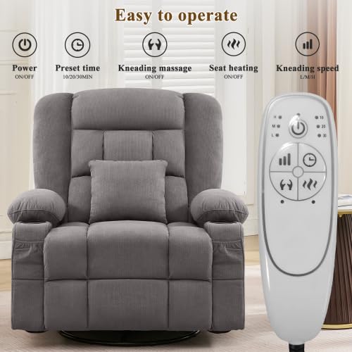 MAHOMICO Oversized Massage Swivel Recliner Chair with 4-Point 3D Kneading Massage and Heat for Living Room with Rocking Function 2 Cup Holders, USB Charge Port