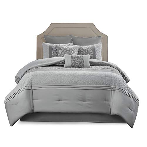 510 DESIGN Luxe Quilted Comforter Set Modern Transitional Design, All Season Down Alternative Warm Bedding Matching Shams, Bedskirt, Decorative Pillow, Cal King, Ramsey Damask Grey